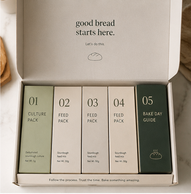 Open Starter Week box with numbered culture, feed, and bake day guide packs